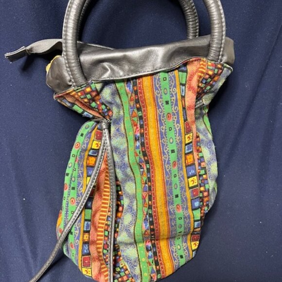 Drawstring Bucket Boho Mini Handbag Purse Silver Gray Multi Colors Striped - Picture 3 of 15